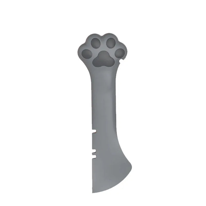 Silicone pet food dispenser with integrated can opener, gray, for convenient feeding.