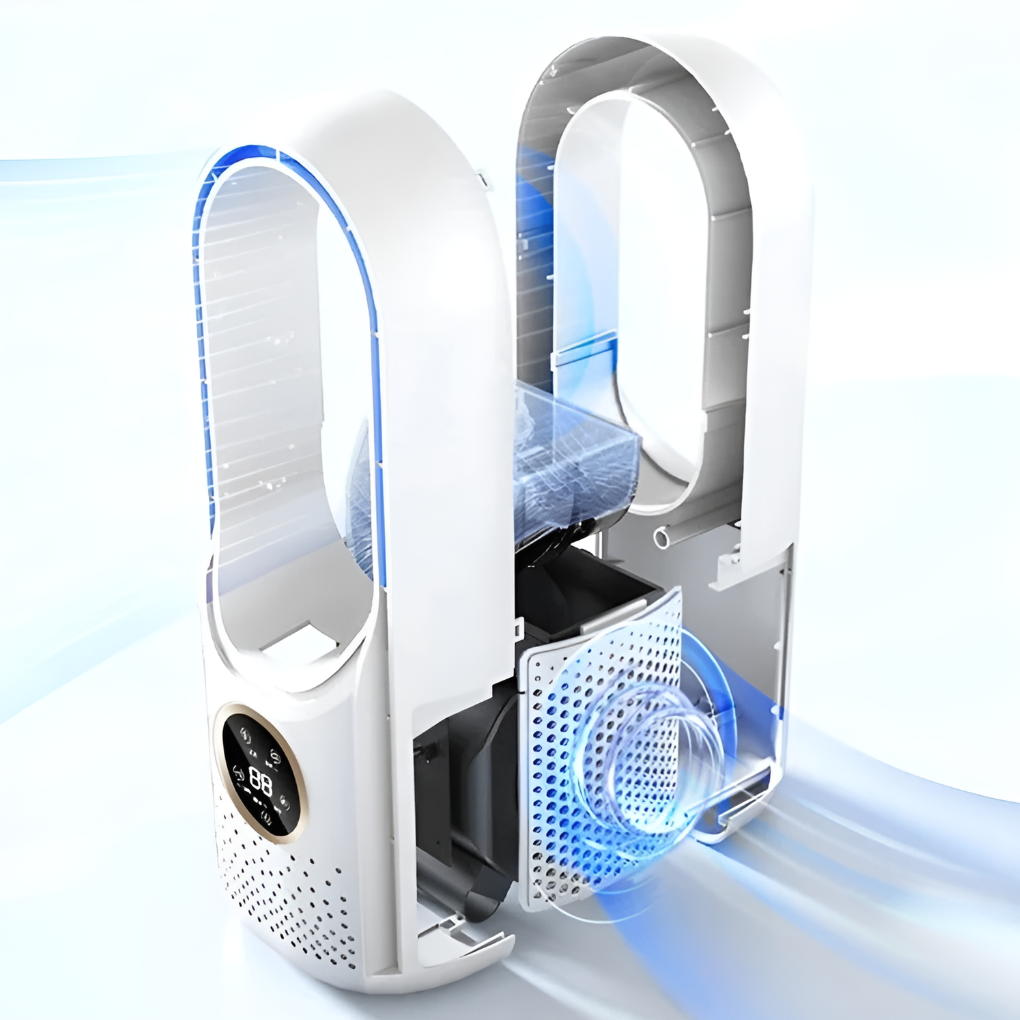 Portable bladeless air cooler fan for home cooling, perfect bedside companion for a comfortable summer.