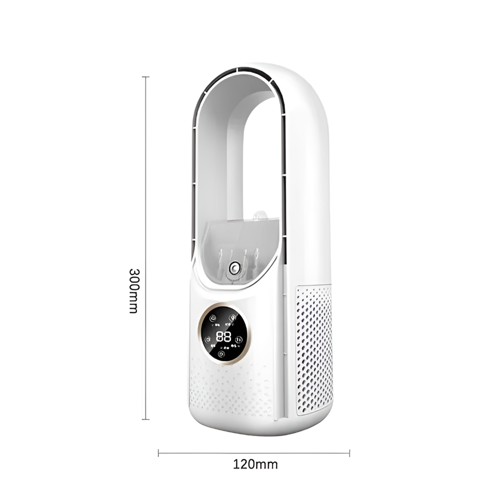 Sleek, compact bladeless air cooler. This modern personal fan offers quiet, refreshing relief for any space.