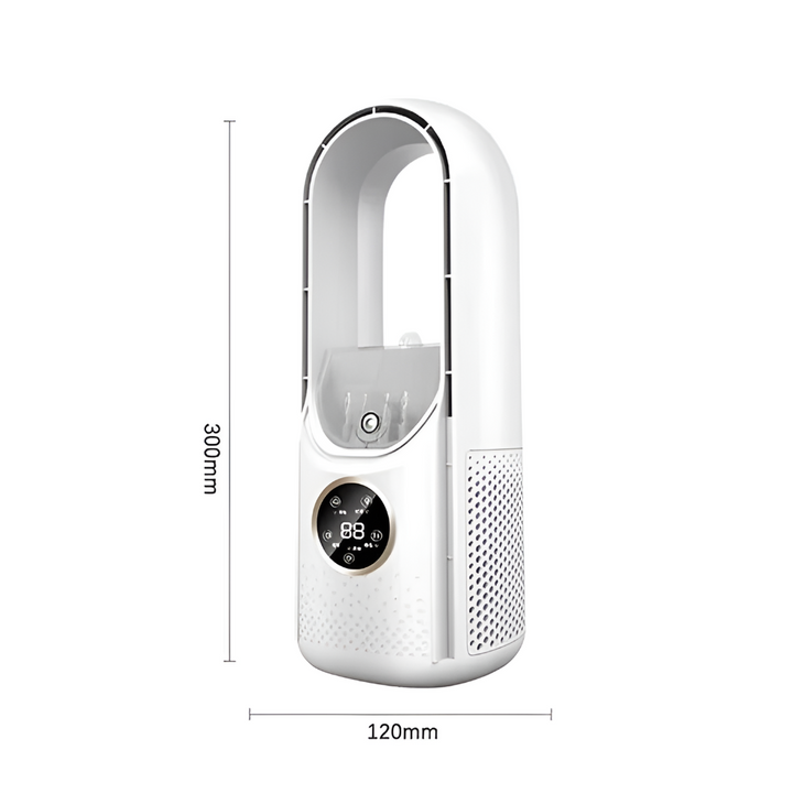 Sleek, compact bladeless air cooler. This modern personal fan offers quiet, refreshing relief for any space.
