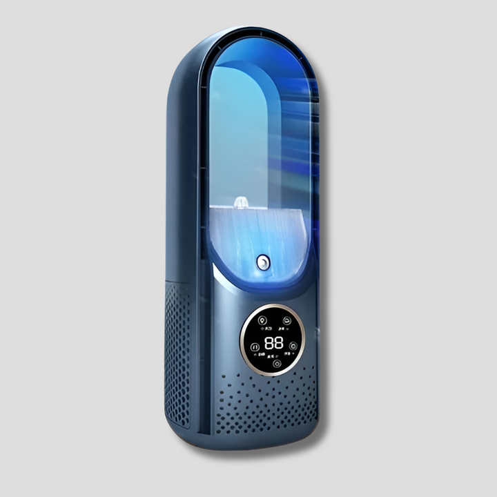 Summer essential: a portable bladeless air cooler fan providing personal, quiet cooling for your desk or home.