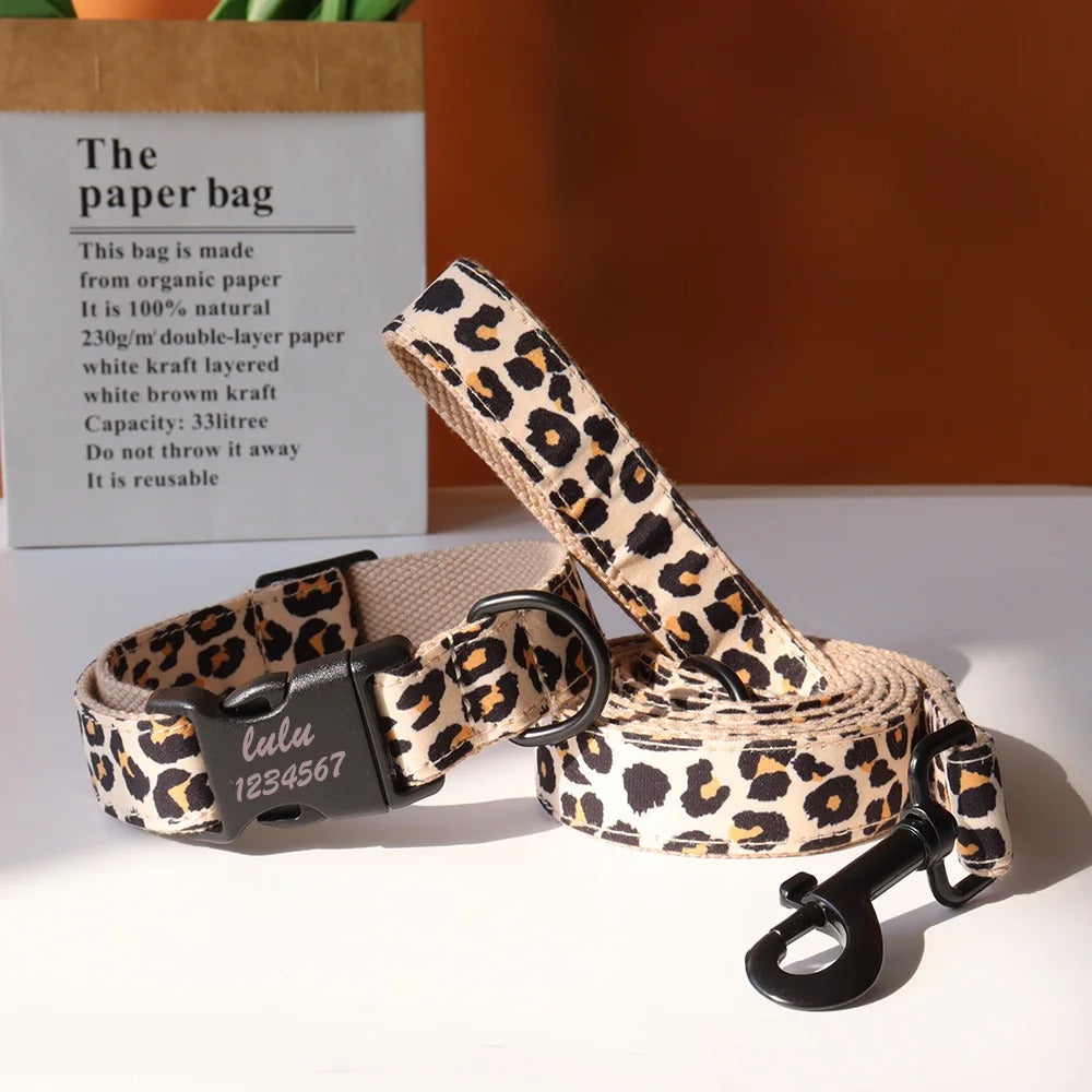 Personalized leopard print dog collar and matching leash set for pets