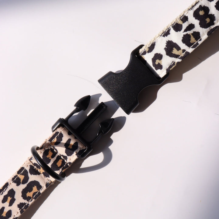 Adjustable leopard pet collar with custom name, durable nylon