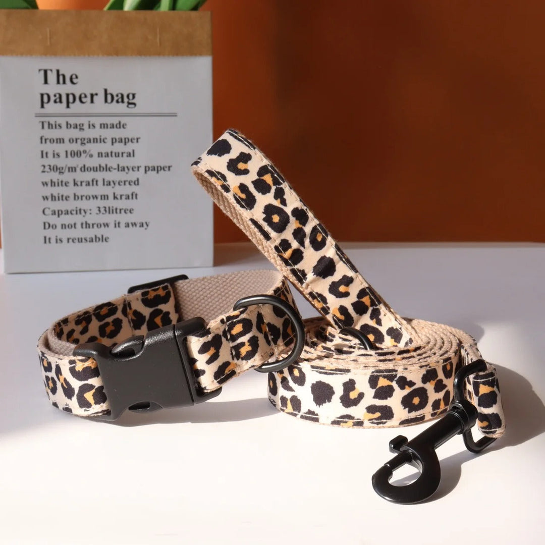 Fashionable leopard print dog collar and leash combo, personalized