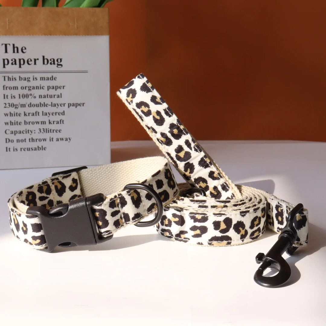Custom ID dog collar featuring a stylish leopard print pattern