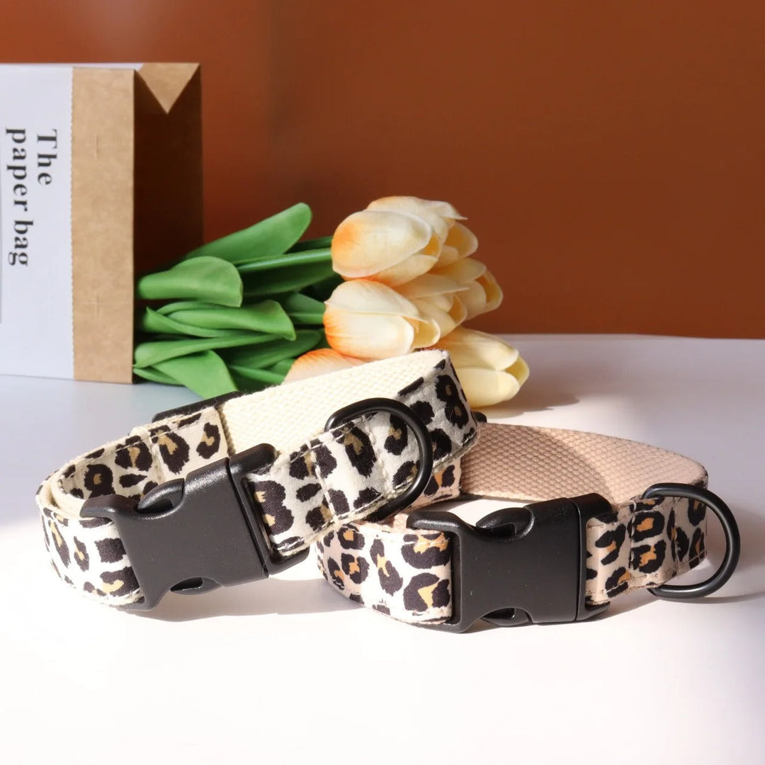 Personalized pet accessory: leopard print nylon dog collar and leash