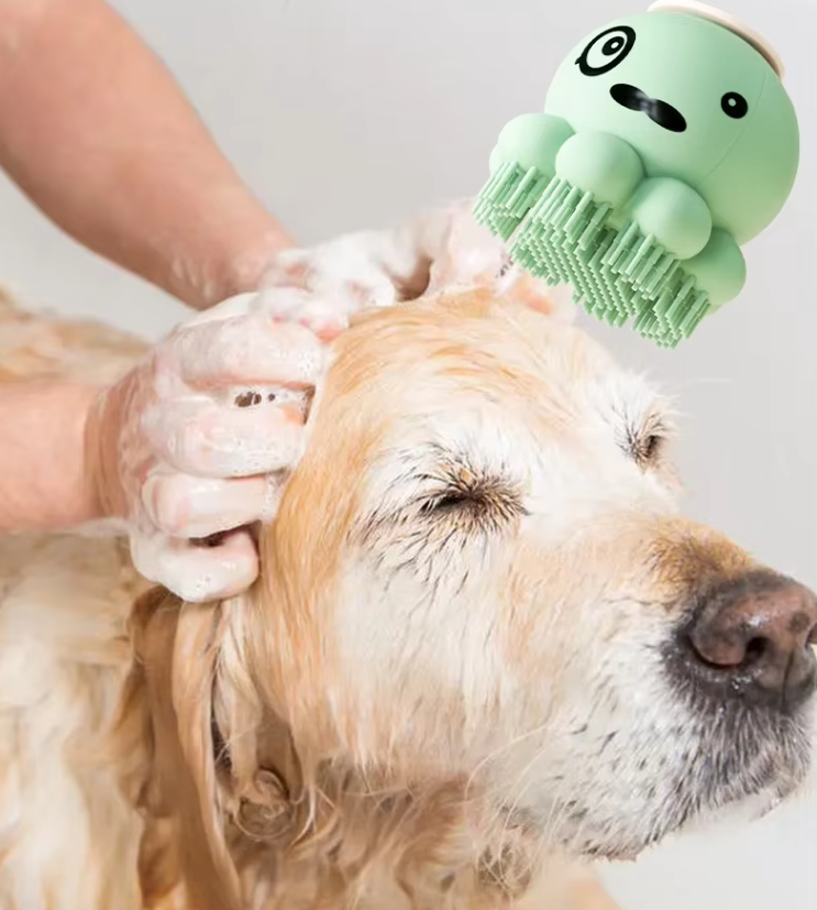 Innovative pet bath brush with liquid soap dispenser for convenient and thorough pet care during baths