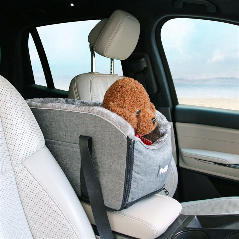 Pet car armrest booster seat for small dogs and cats, plush gray fabric with safety leash.