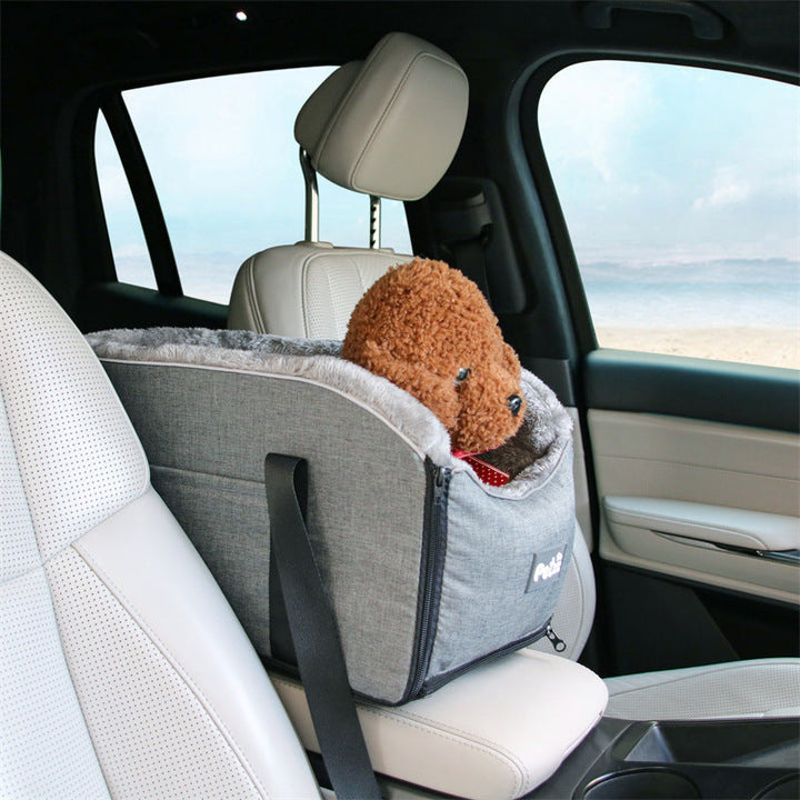 Pet car armrest booster seat for small dogs and cats, plush gray fabric with safety leash.