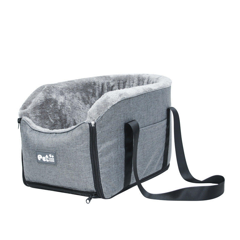 Gray pet booster seat for car armrest, suitable for small dogs and cats, with storage pocket.