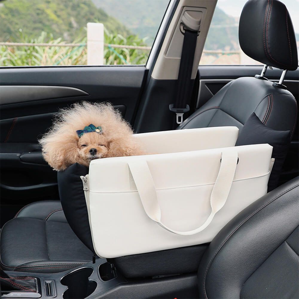 Pet travel accessory: console carrier, ensuring small dog and cat safety on car trips.