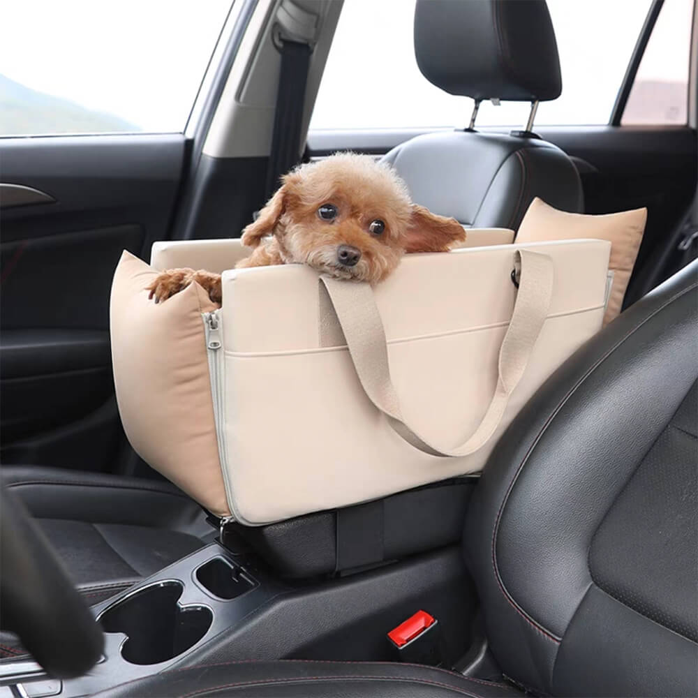 Front view of a pet car console carrier, a versatile dog car seat for safe travel.