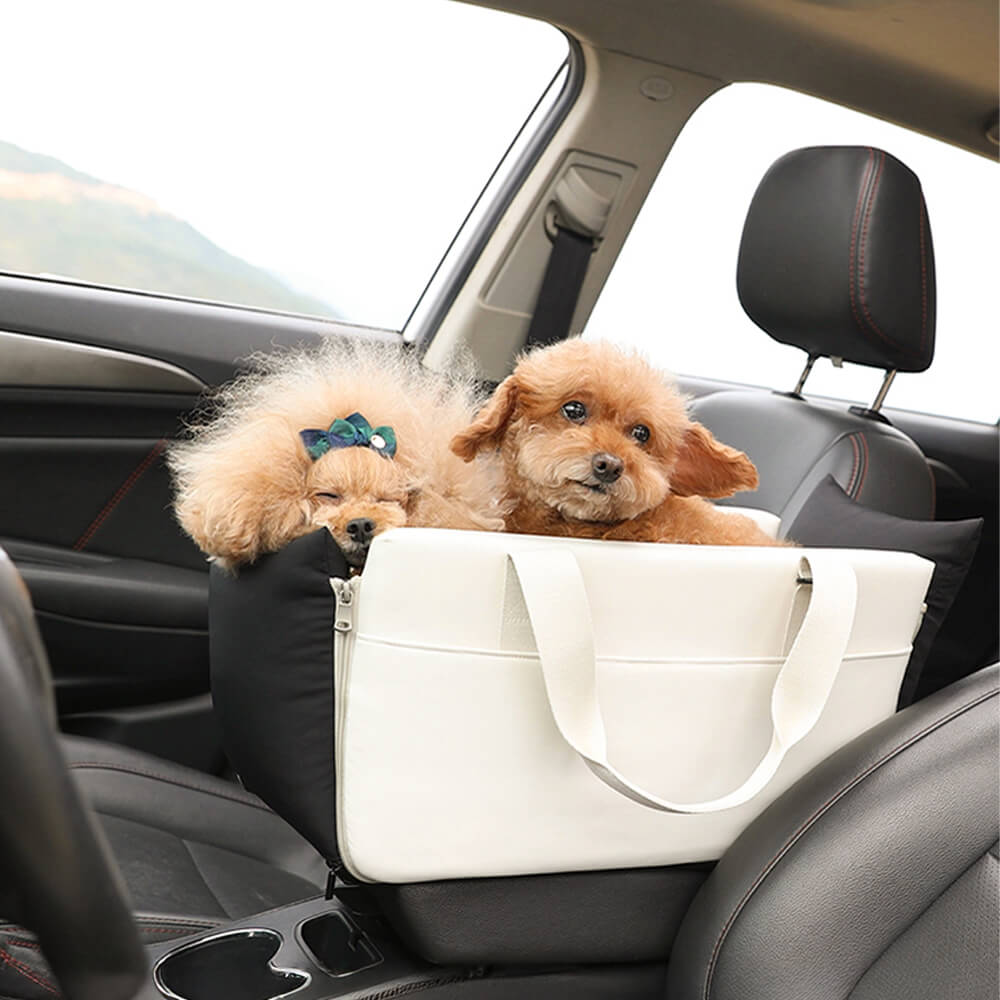 Portable pet console carrier for car armrest, suitable for cat travel and small dog safety.