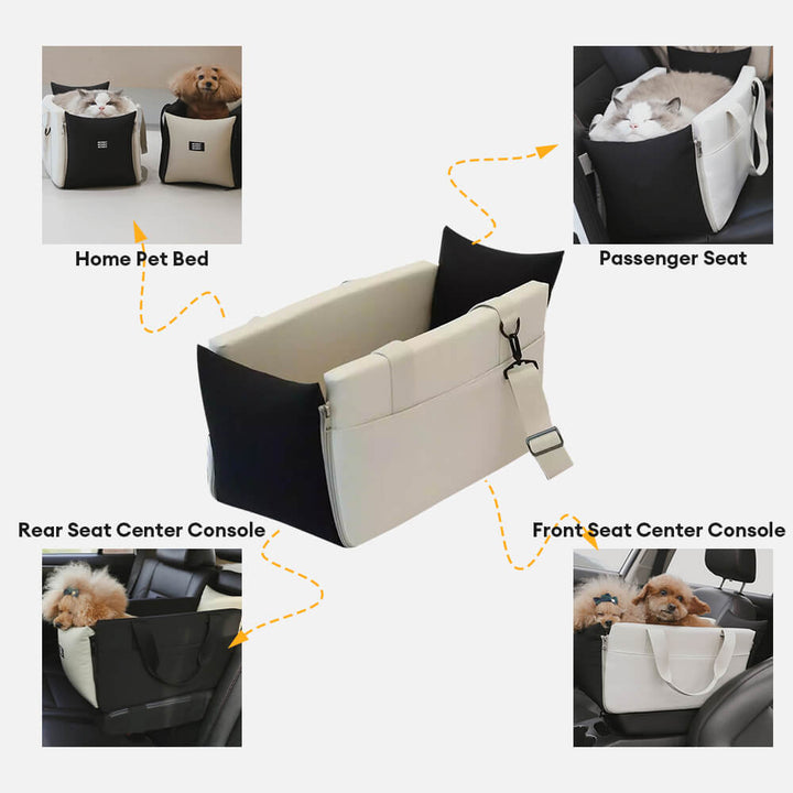 Cat travel console carrier, a waterproof and portable pet gear for comfortable car rides.