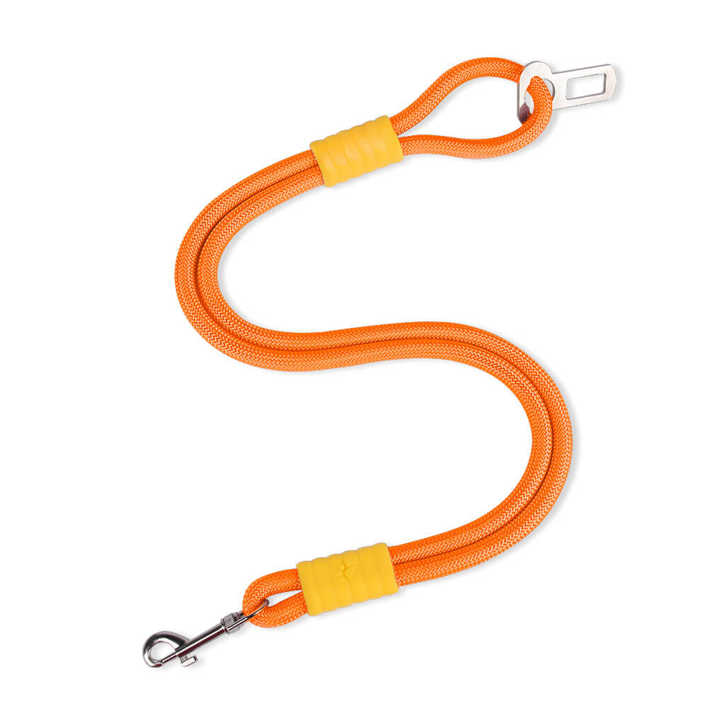 Two pet car safety seat belt leashes, showing different adjustable lengths for dogs