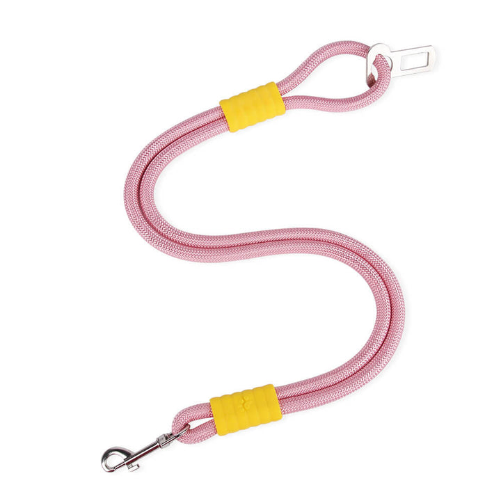 Pet car safety accessory: nylon leash connecting dog harness to seat belt buckle