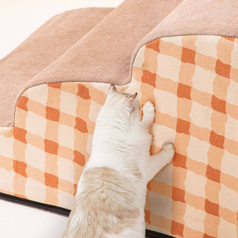 Dog and cat mobility aid: foam pet stairs with a beige removable cover, enhancing pet independence.