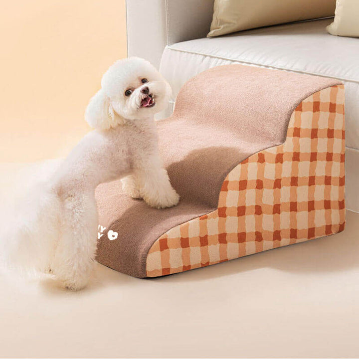 Beige foam pet stairs for small dogs & cats, featuring a washable removable cover for easy cleaning.