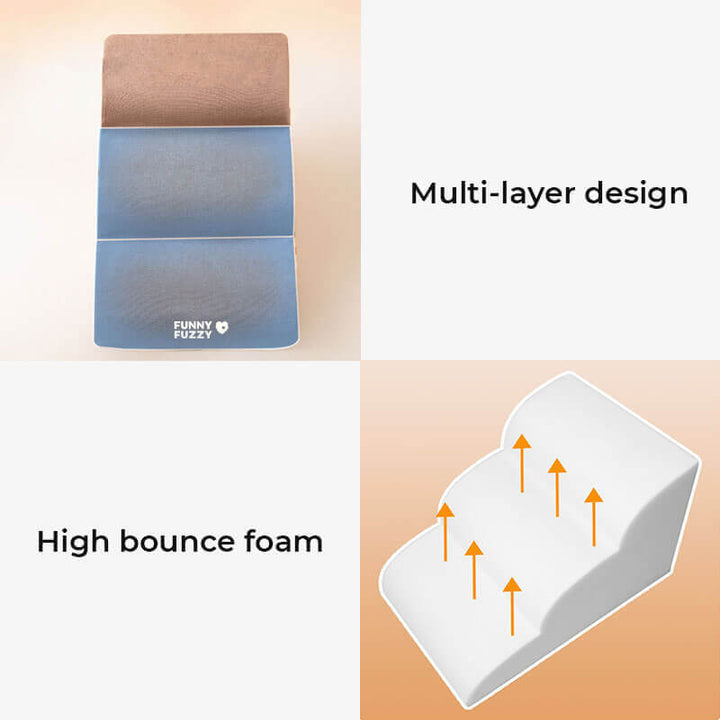 Compact pet access stairs for beds and sofas, featuring a non-slip design and removable cover.