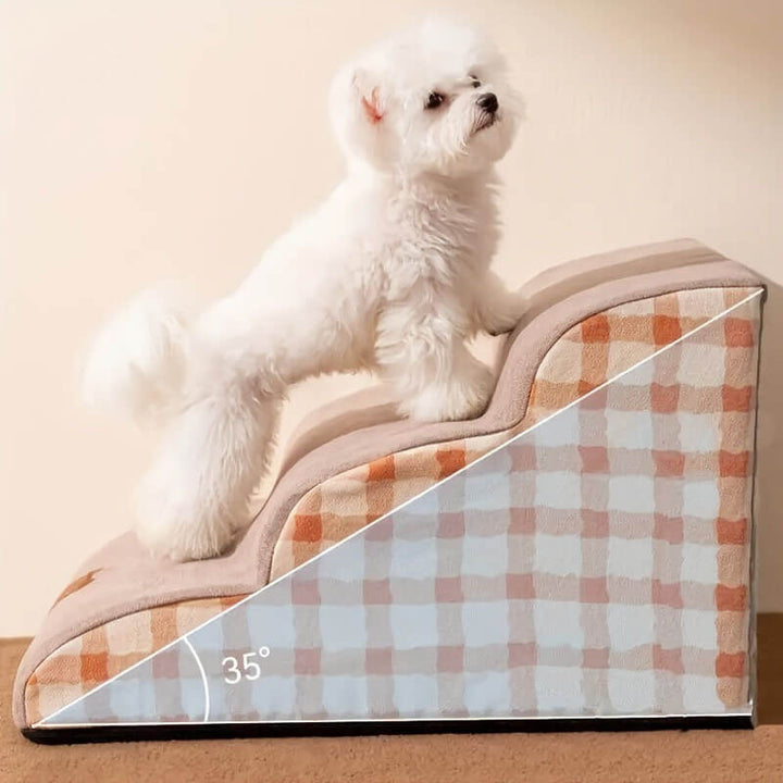 Three-step pet ramp with a removable cover, suitable for both dogs and cats needing mobility assistance.
