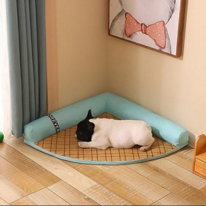 Pet Cooling Corner Bed for dogs and cats, blue, space-saving design, machine washable dog bed