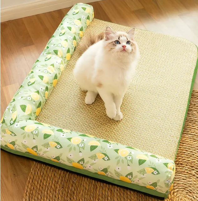 Pet cooling mat for cats and small dogs in lemon perfume color, with a raised edge for comfort, ideal for summer pet relief