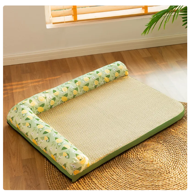 Packaging shot of the Pet Cooling Mat for Cats & Small Dogs in lemon perfume color, emphasizing 'easy clean' and 'lemon perfume' features