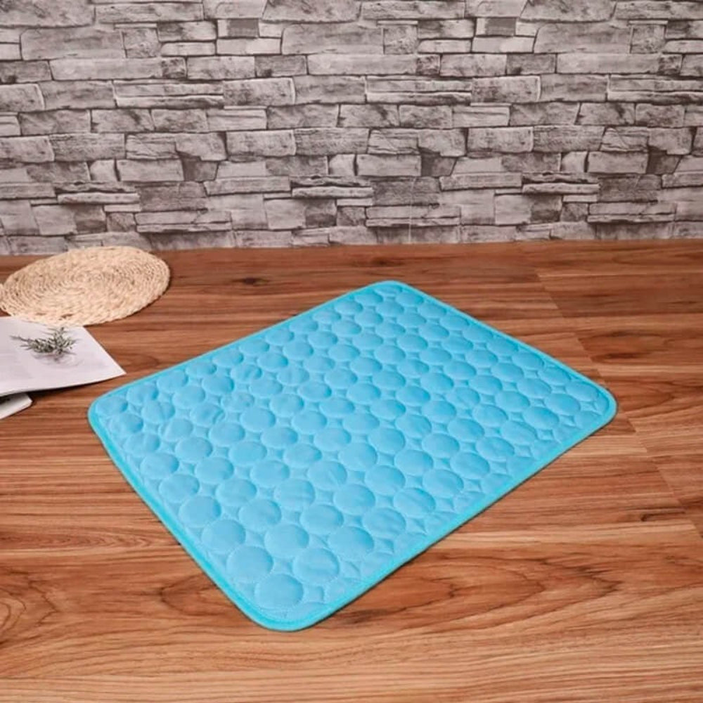 Overhead view of Pet Cooling Mat with empty food and water bowls beside it. Complete summer pet supplies setup.