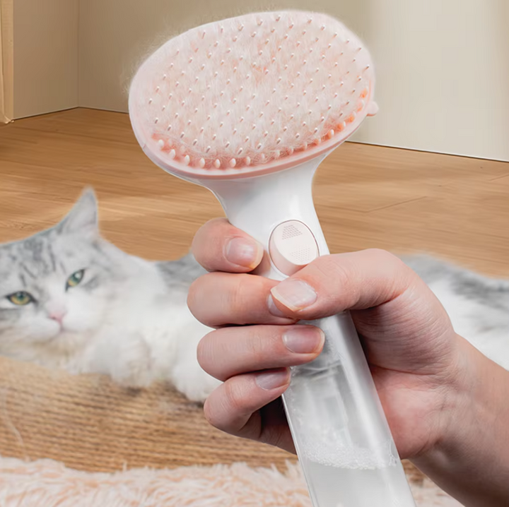 Pet grooming dry foam brush with built-in dispenser, perfect for quick and convenient pet care.