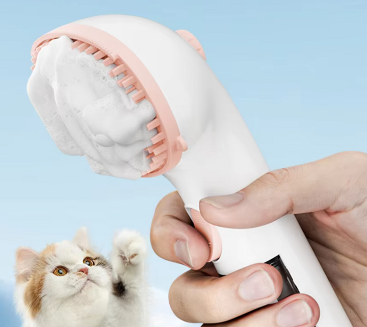 Gentle dry foam brush for pets, effectively cleans and conditions fur with integrated solution dispenser.