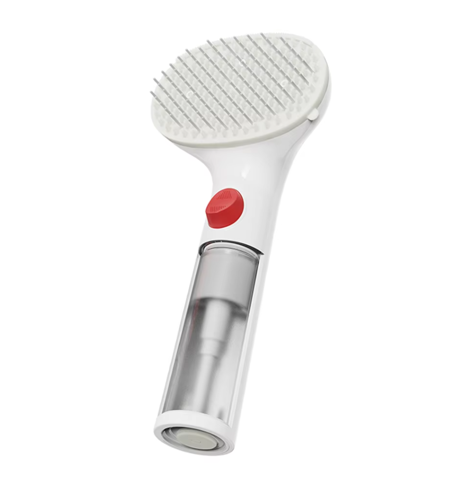 Compact pet dry foam brush for on-the-go pet refreshers, with convenient built-in dispenser.