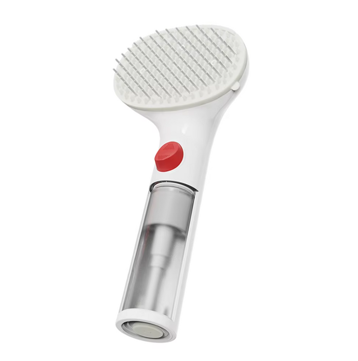 Compact pet dry foam brush for on-the-go pet refreshers, with convenient built-in dispenser.