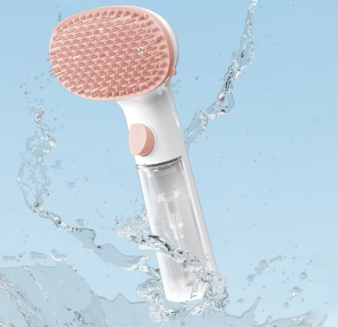 Comfort grip pet dry foam brush with integrated dispenser, offering a soothing grooming experience.