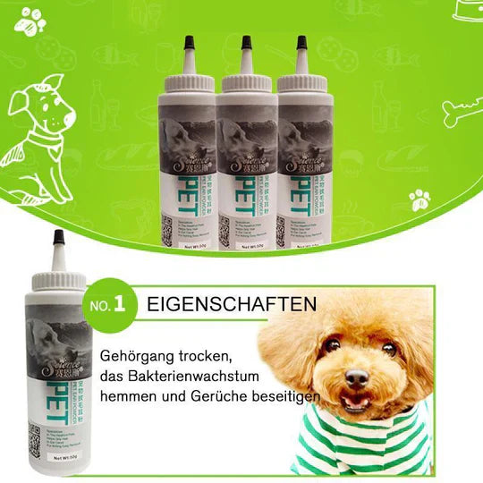 Hand holding pet ear care powder, ready for use on dog or cat ears