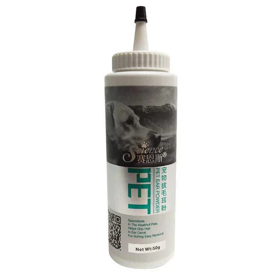 Pet ear care powder bottle with 'dog health' and 'cat health' tags visible