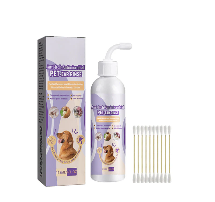 Ingredients list on Pet Ear Cleaner bottle, emphasizing gentle pet care formula