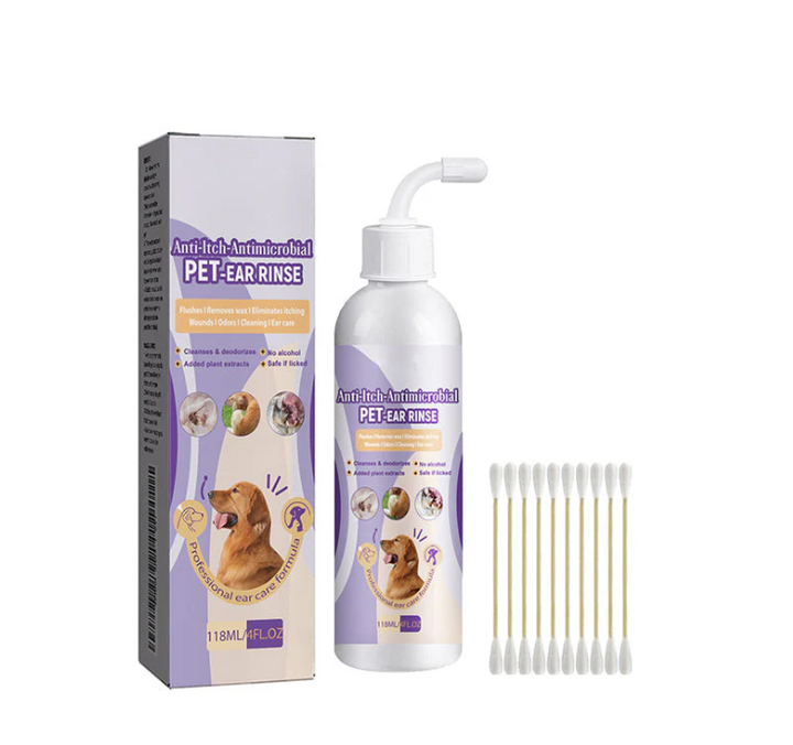 Ingredients list on Pet Ear Cleaner bottle, emphasizing gentle pet care formula