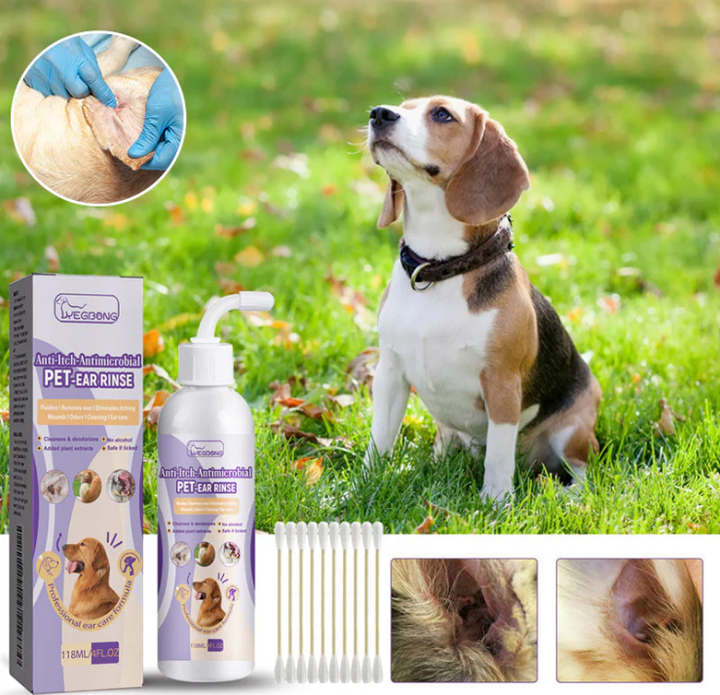 Pet Ear Cleaner kit with cotton balls and wipes, complete solution for animal ear hygiene