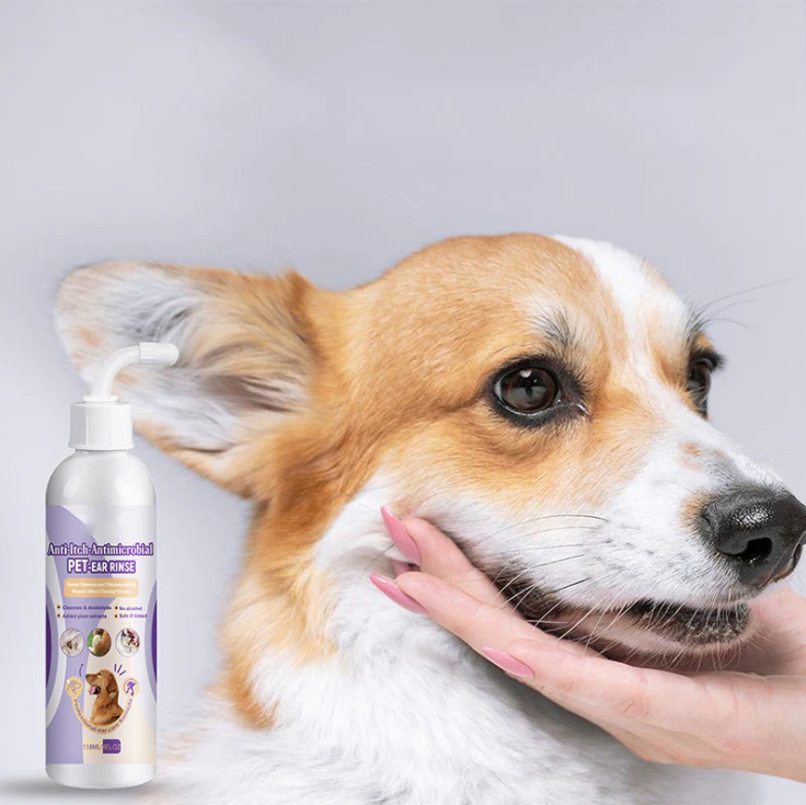 Close-up of Pet Ear Cleaner bottle, highlighting 'Odor & Wax Remover' for dog & cat hygiene