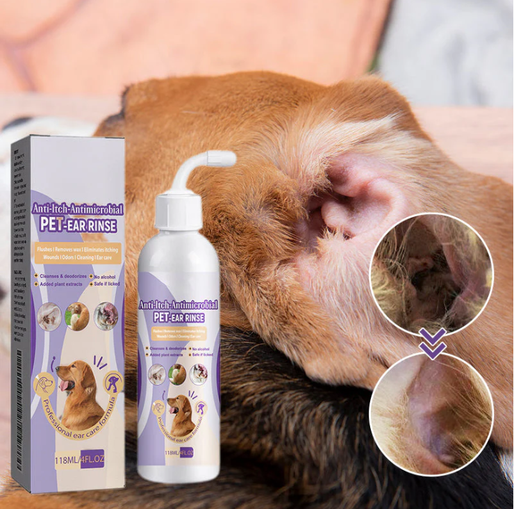Before and after image of a pet's ear, demonstrating effectiveness of ear cleaner for wax removal