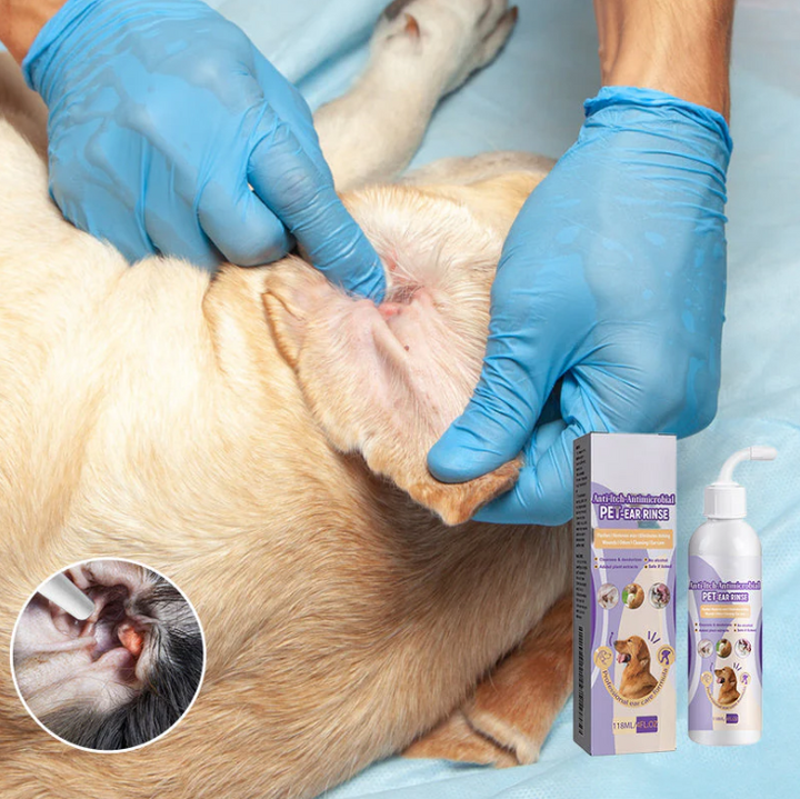 Pet Ear Cleaner bottle with a cat in the background, focused on cat grooming and care