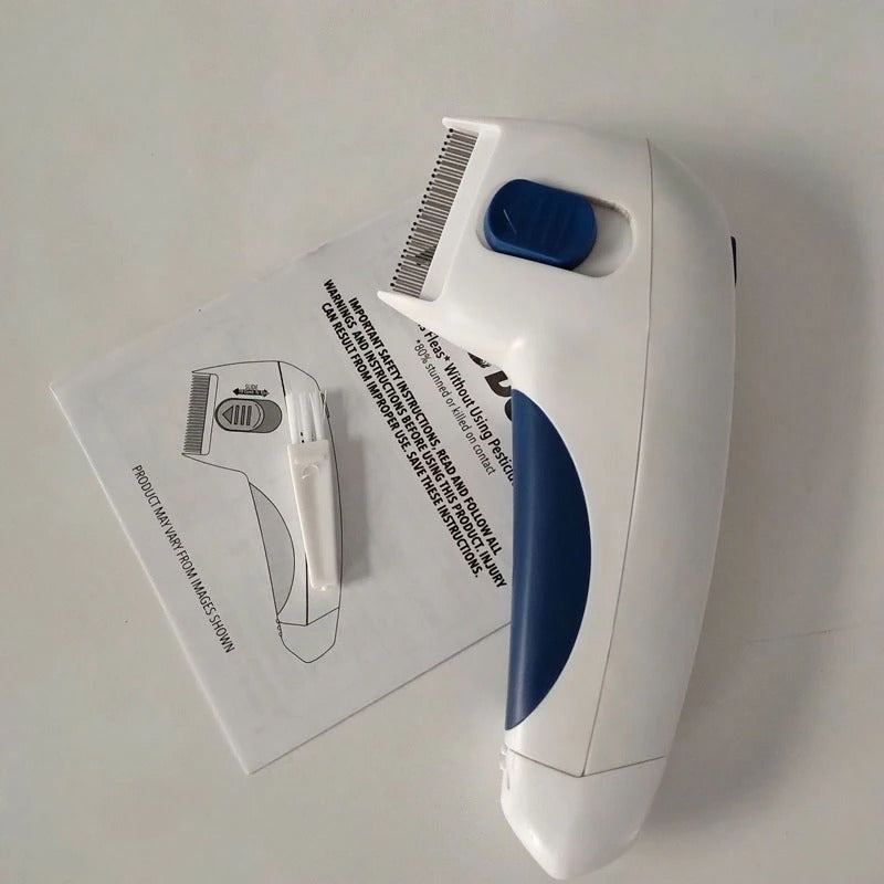 Pet owner using an electric flea comb on a dog, demonstrating gentle and effective flea removal.