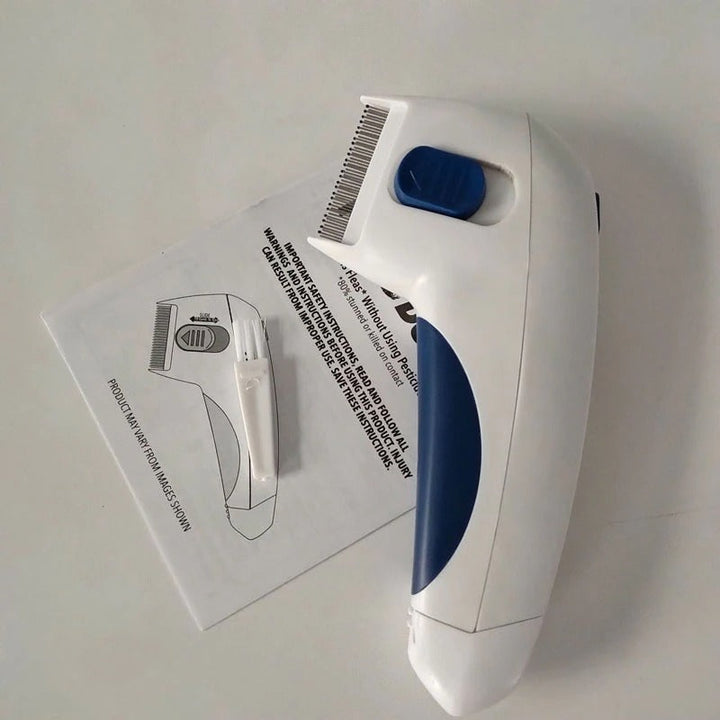 Pet owner using an electric flea comb on a dog, demonstrating gentle and effective flea removal.