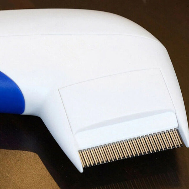 Packaging for a pet electric flea remover comb, highlighting its benefits for pet grooming and health.