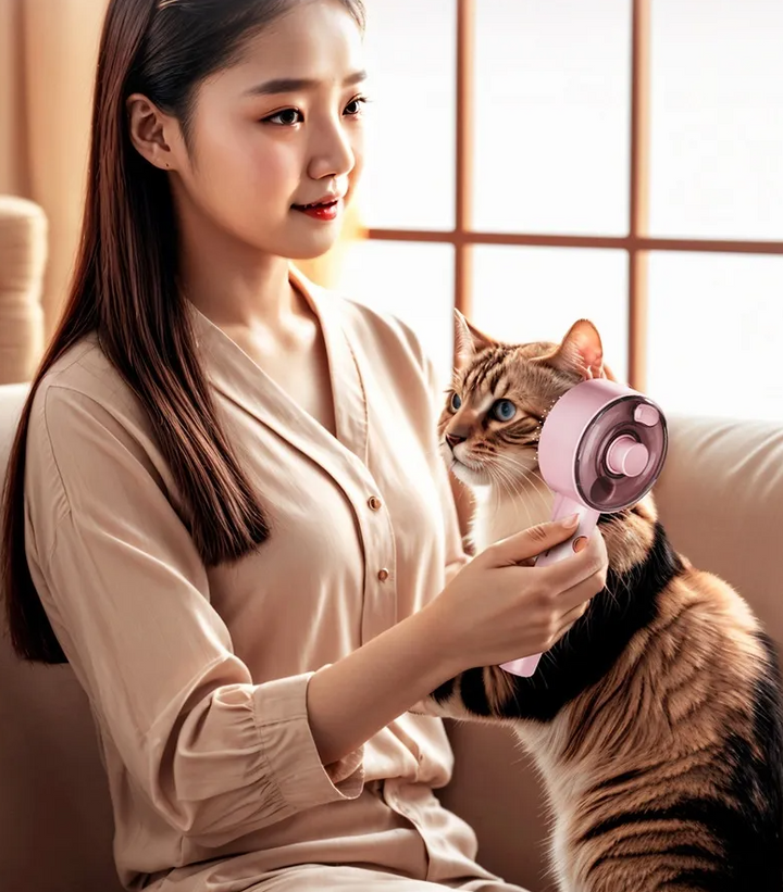 Innovative pet care item: electric hair dryer & fur remover brush for dogs and cats.