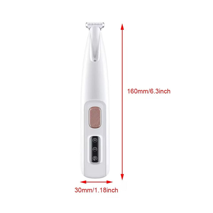 Close-up of Pet Electric Trimmer: quiet motor, LED light, ceramic blade for pet paw grooming