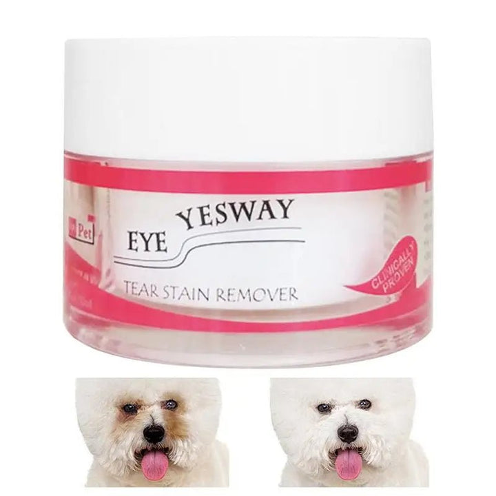 Close-up of pet tear stain remover powder, effective for dog & cat eye care and grooming