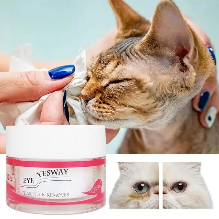 Pet eye cleaner powder shown with measuring spoon, multi-pet natural formula for animal health