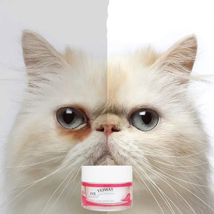 Container of tear stain remover powder for dogs & cats, gentle and effective pet eye care