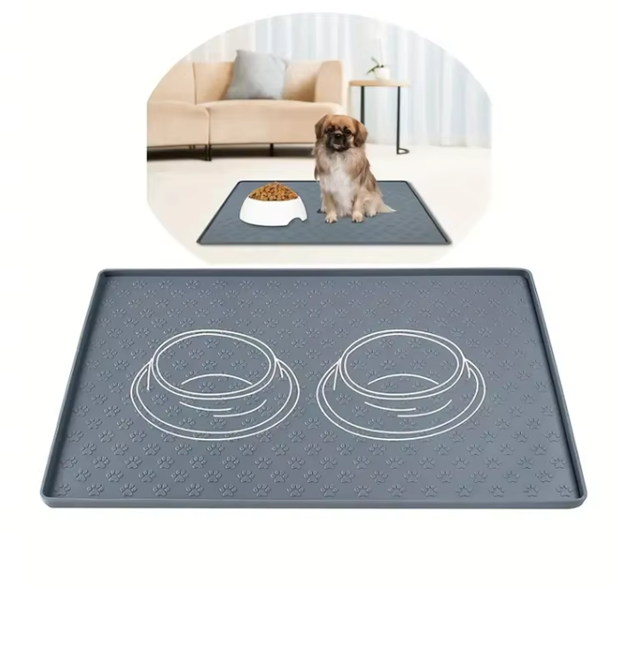 Pet feeding mat with two stainless steel bowls, gray silicone, non-slip, waterproof for dogs or cats